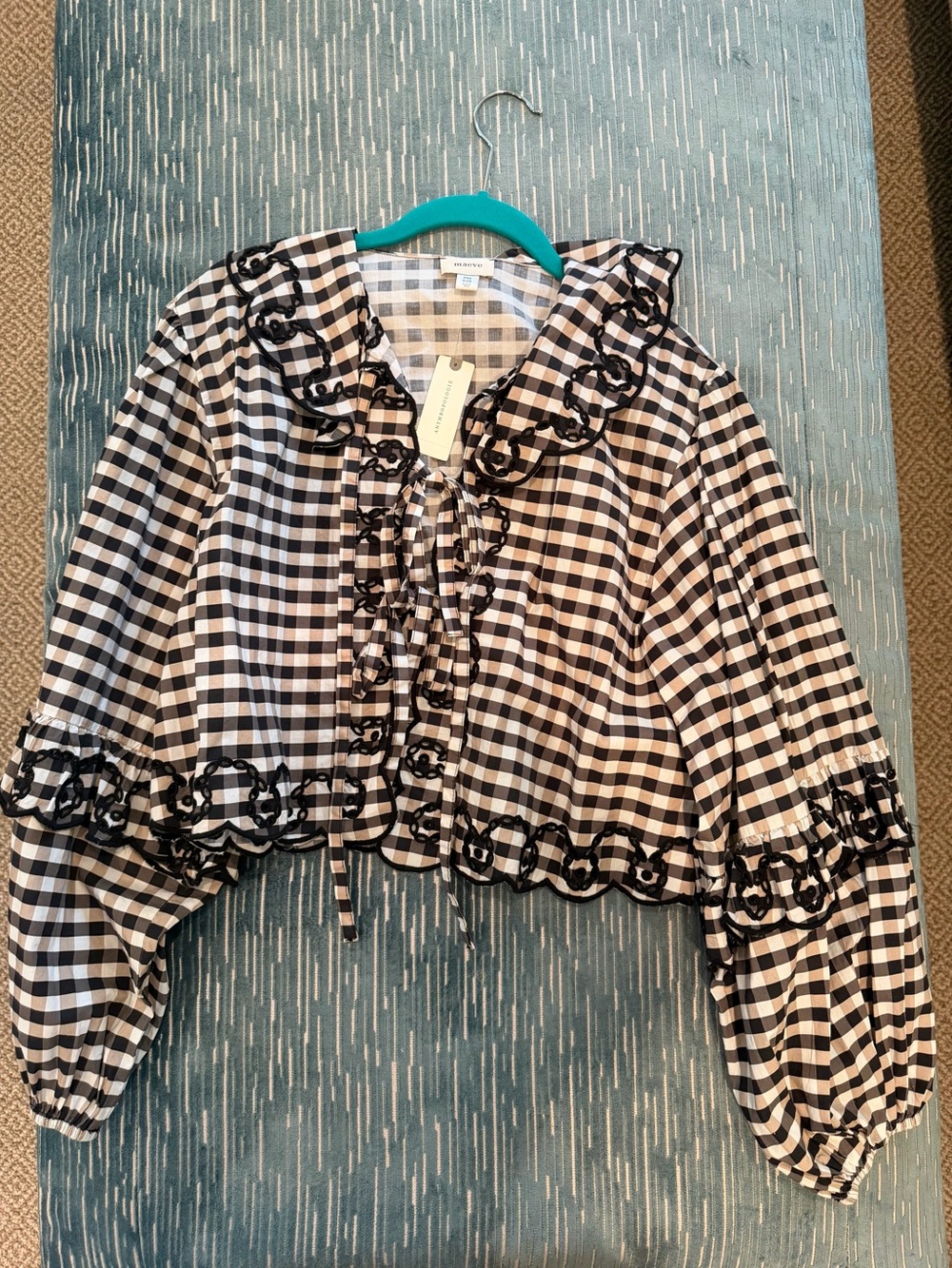 Maeve Black and White Gingham Ruffle Tie-Front Blouse